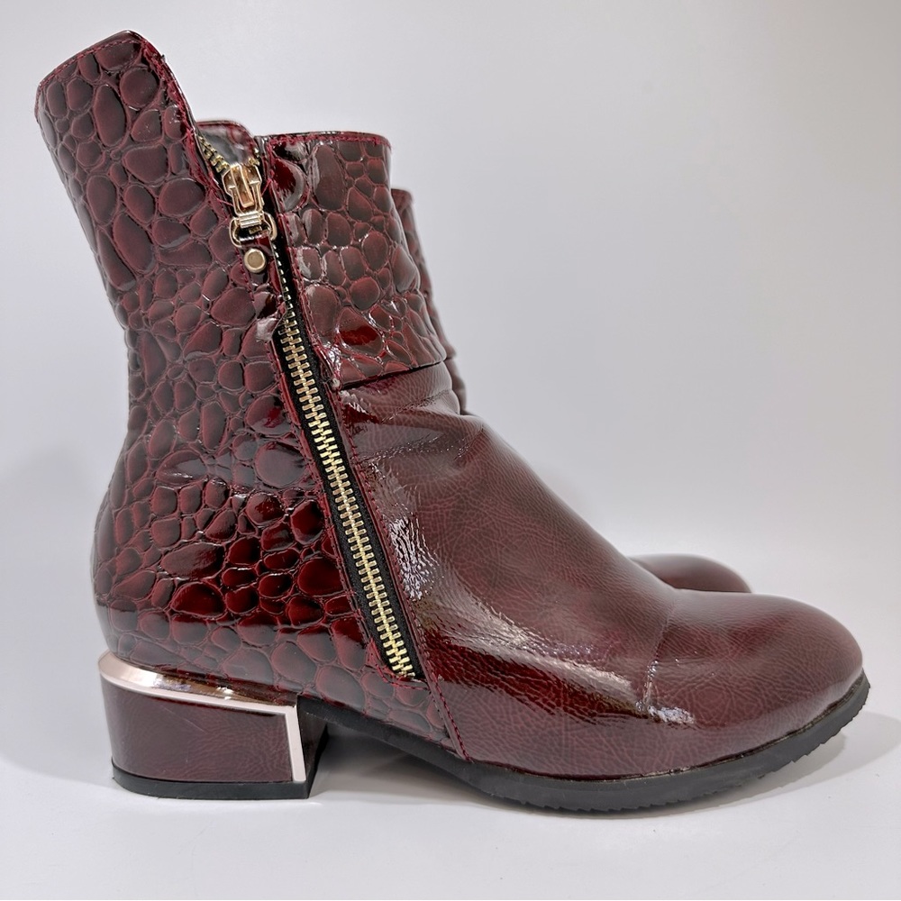 Burgundy Red Embossed Vegan Leather Gold Accent Chunky Heel Chelsea Boots 42